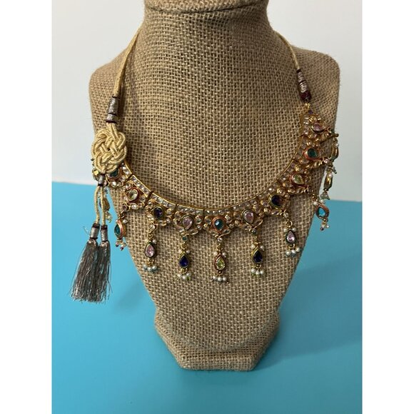 Gold tone Kundan style Indian Necklace With Multicolor faux Gemstones & Pearls T - Picture 6 of 9